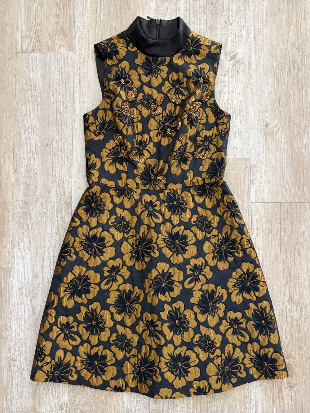 Sleeveless Floral Jacquard Dress in Black and Gold
